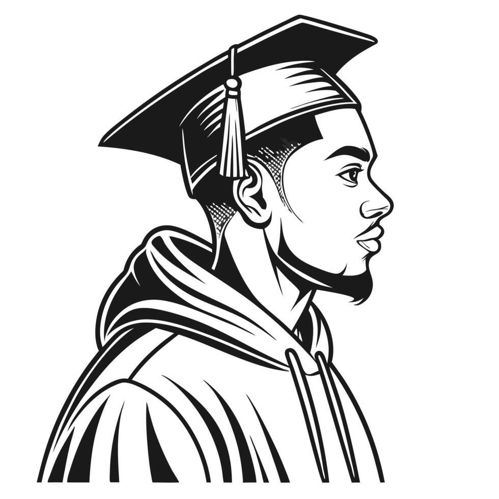 Black and white graduation portrait young man wearing cap and gown isolated vector