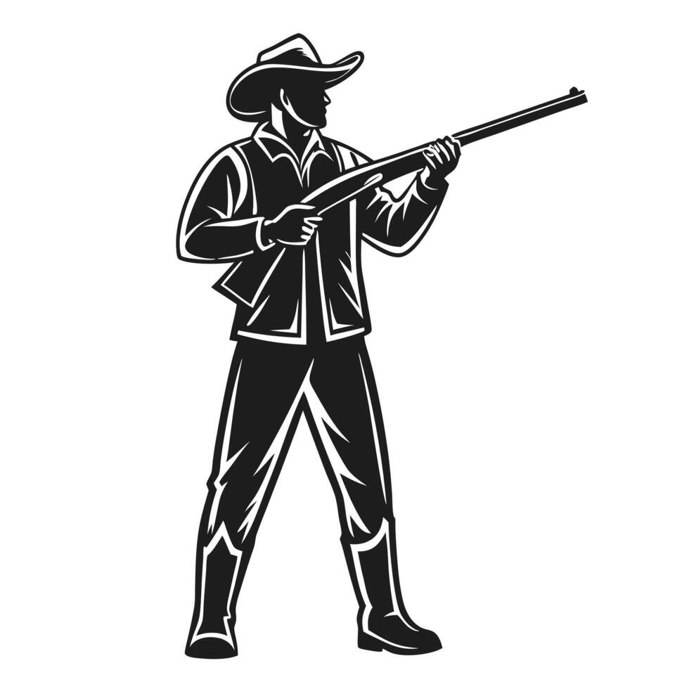 Silhouette of a cowboy hunter aiming a rifle in a monochrome graphic vector