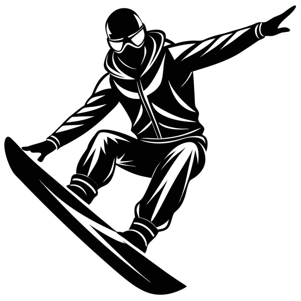 Black and white snowboarder graphic silhouette winter sports athlete illustration vector