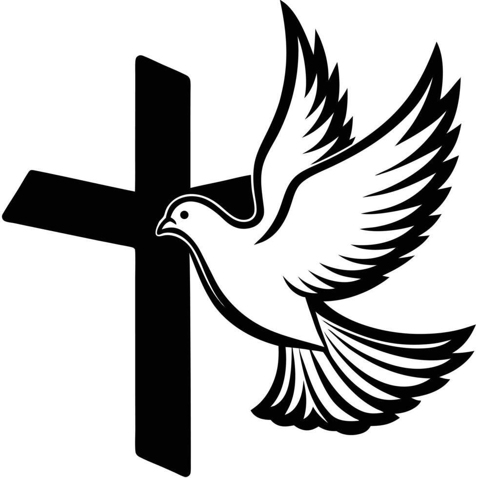 Dove flying near christian cross symbolizing holy spirit faith and religion vector