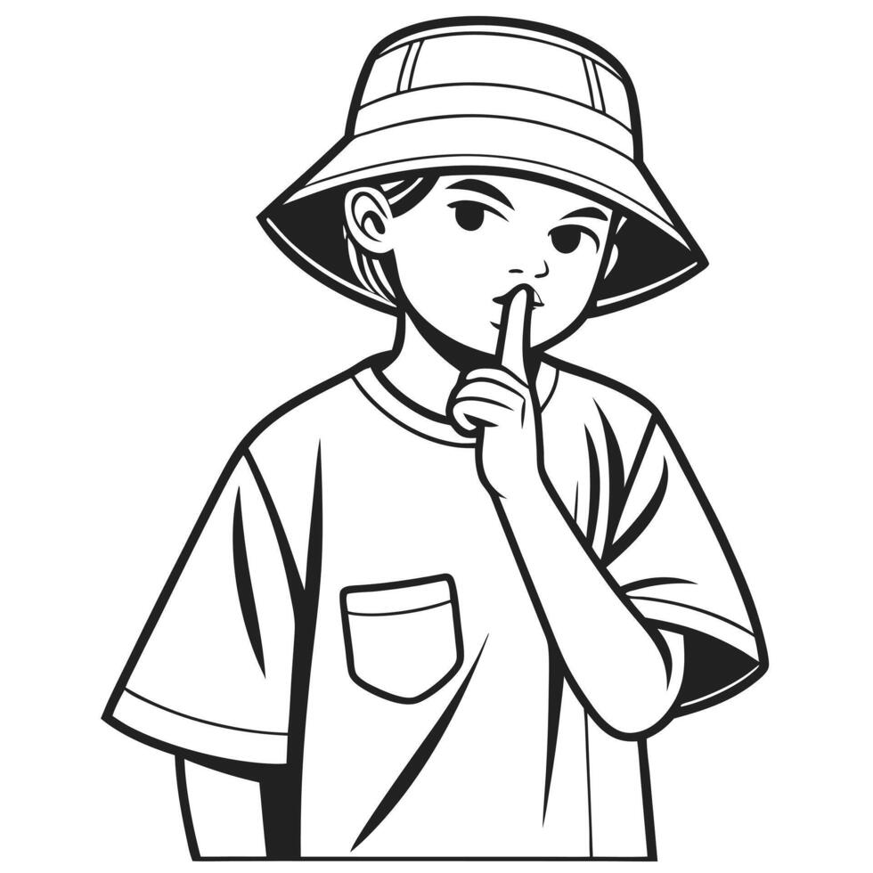 illustration of young boy wearing hat gesturing for silence black and white vector