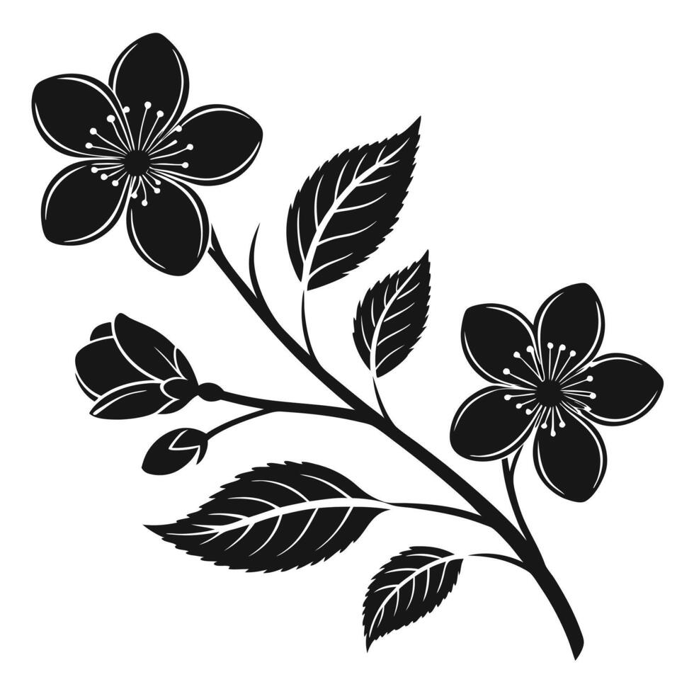 Monochrome blossom branch delicate floral design with bud and leaves illustration vector