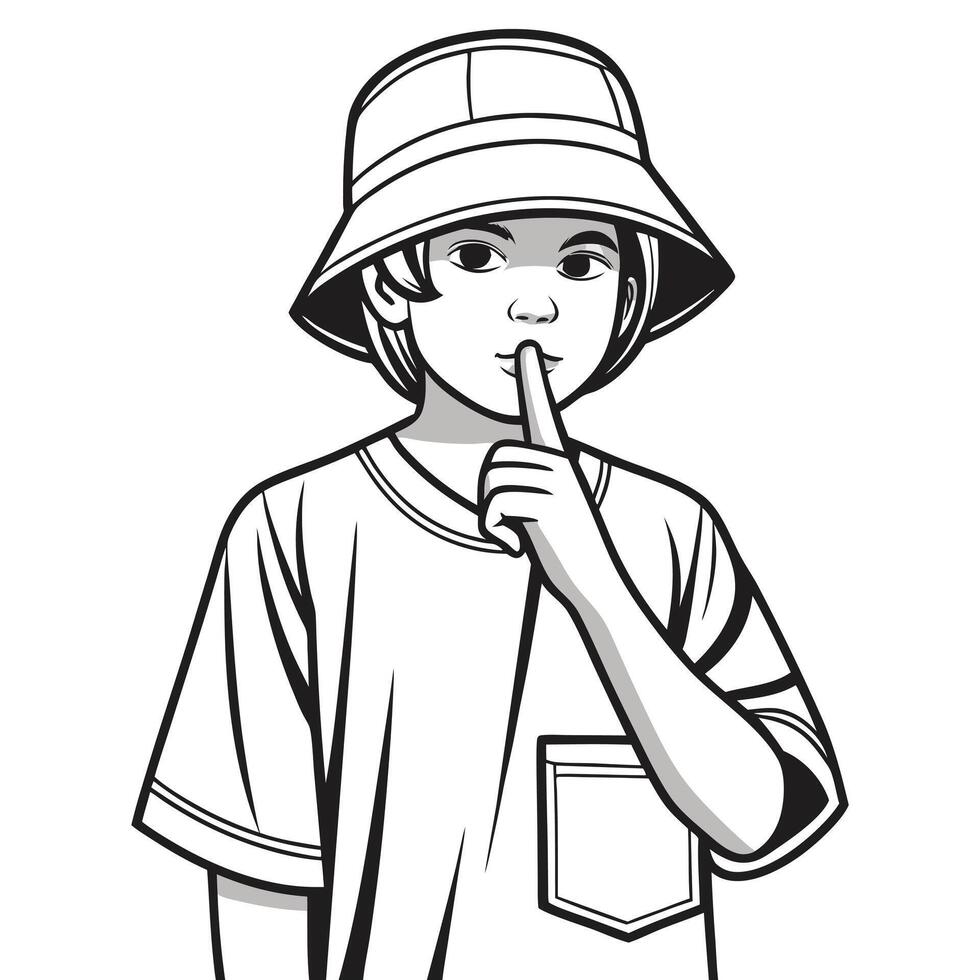 Monochrome graphic of a boy with finger on lips shushing for silence vector