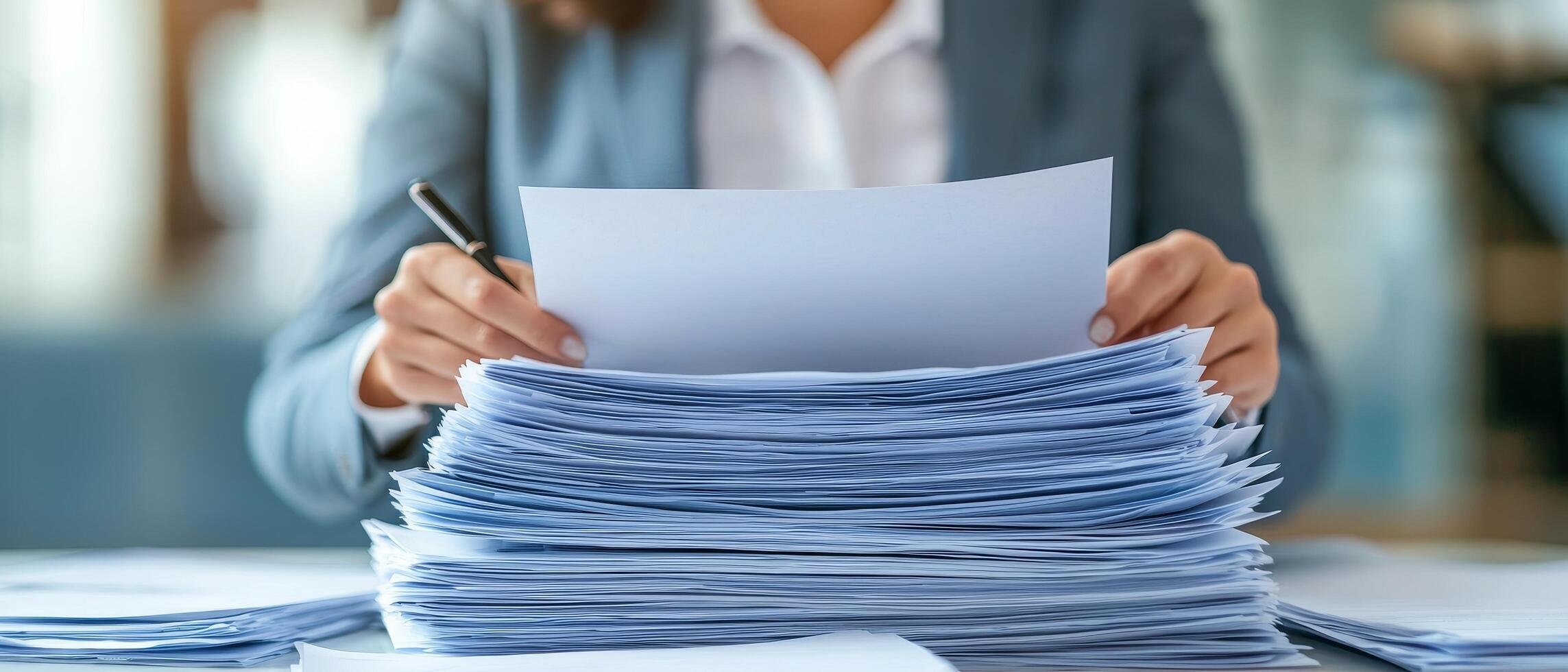 A person reviewing documents amidst a large stack of papers in a professional setting. photo