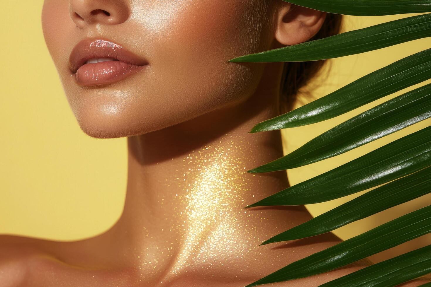 Shimmering skin with a tropical leaf on a vibrant yellow background. photo