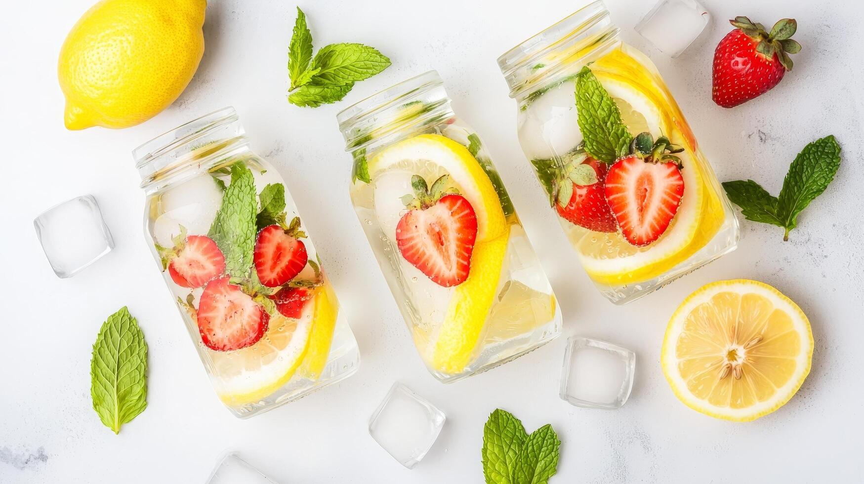 Refreshing fruit-infused drinks with lemon and strawberries in jars. photo
