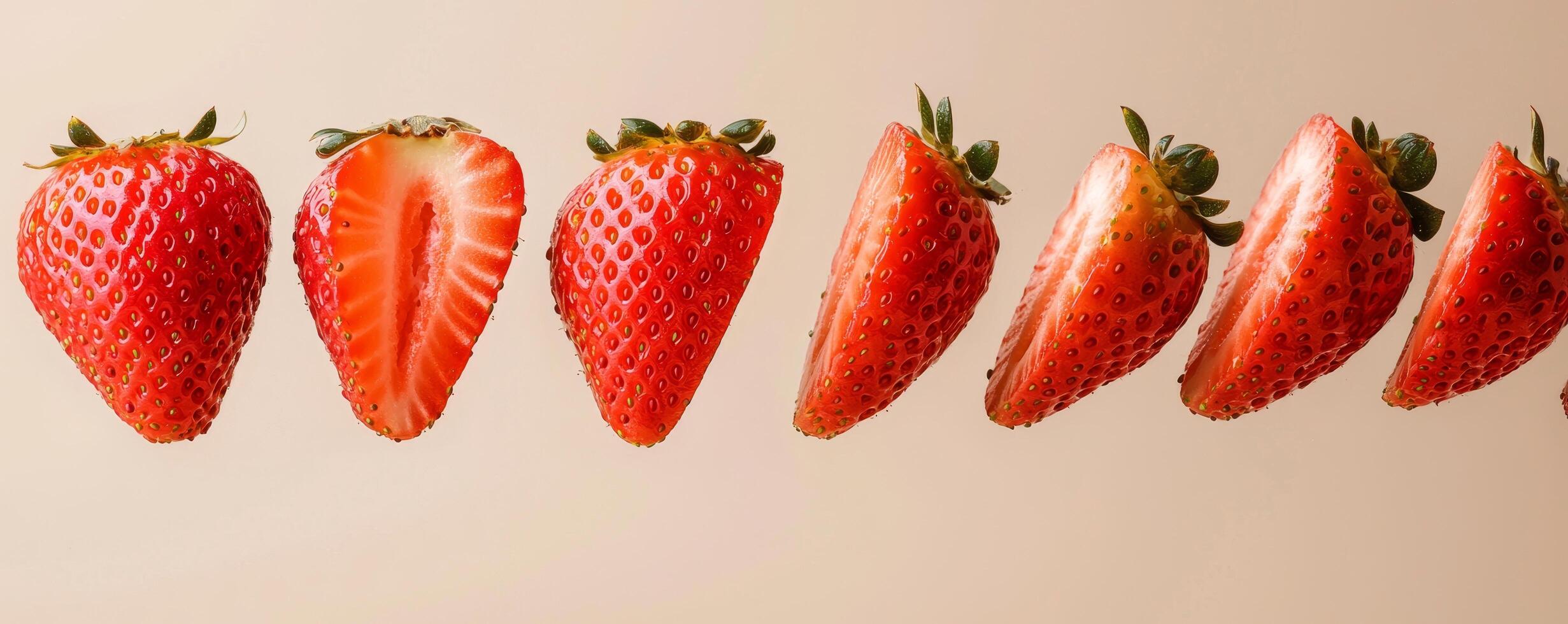 Strawberries arranged in a decorative pattern on a neutral background. photo