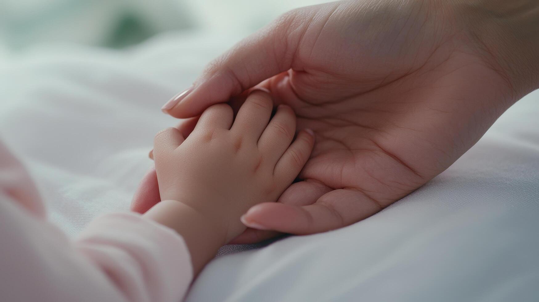 Tender moment of a parent holding a baby's hand. photo