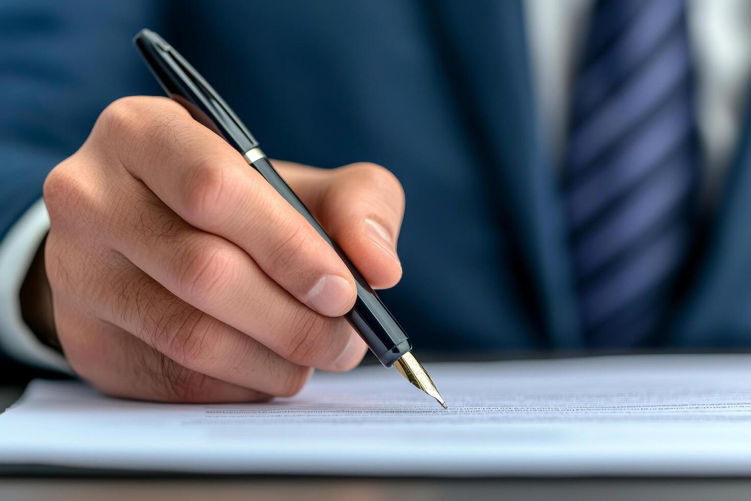 Hand holding a pen, signing a document on a table. photo