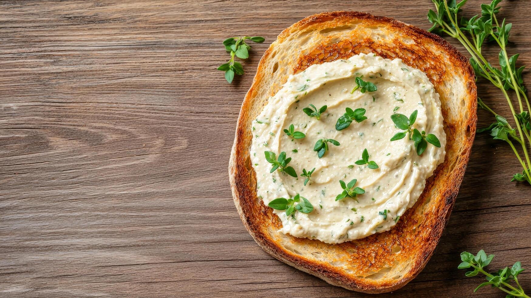 Sliced bread topped with creamy spread and fresh herbs on wooden surface. photo