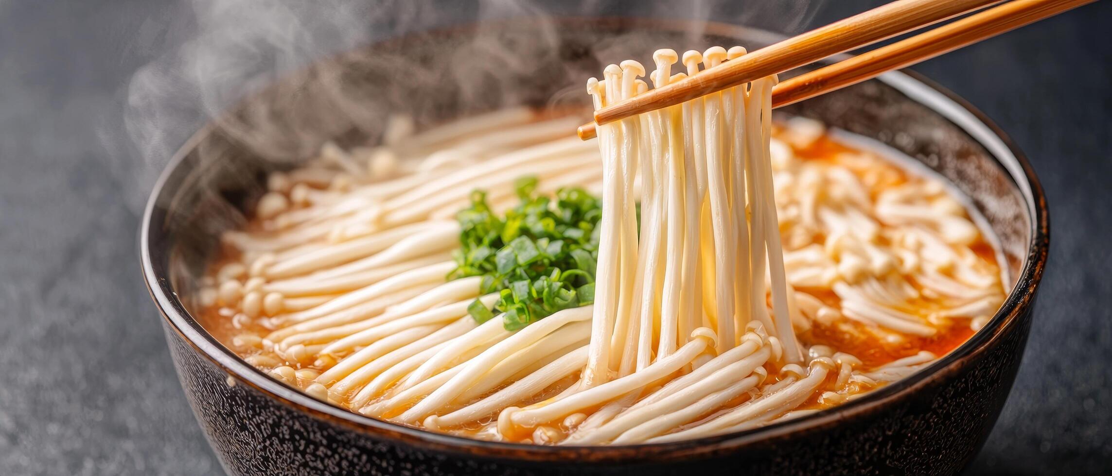 Delicious bowl of hot noodles with steam and green garnish. photo