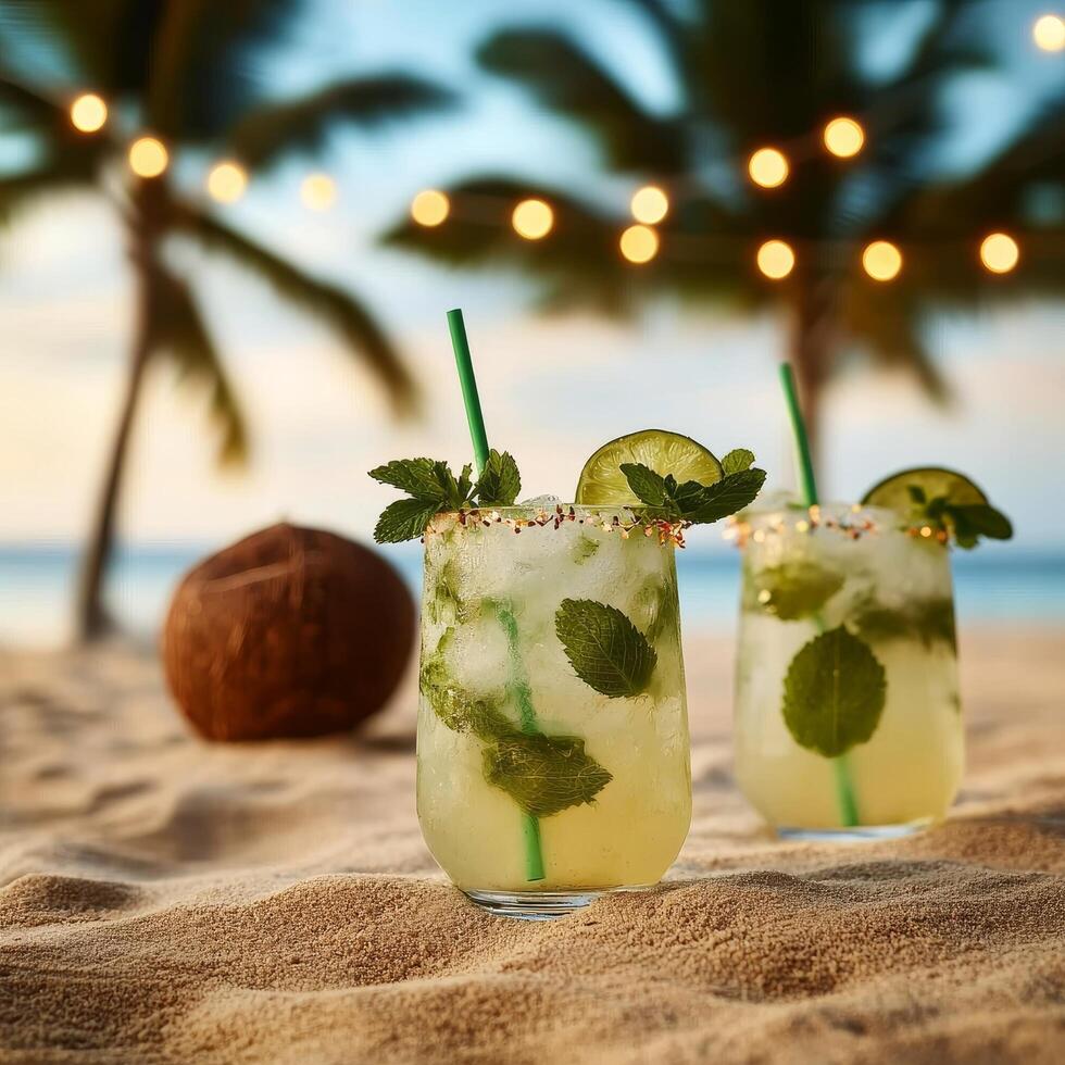 Two refreshing cocktails on a sandy beach with palm trees in the background. photo