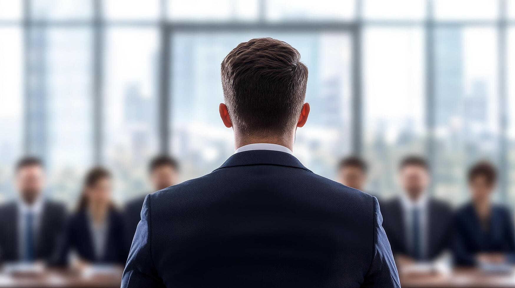 Businessman presenting in front of an audience in a modern conference room. photo
