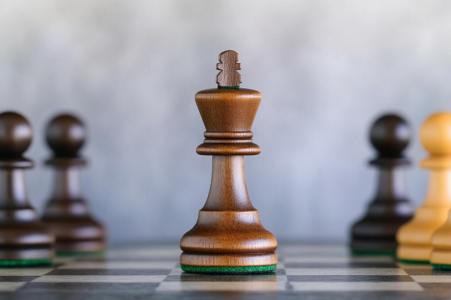 Chess pieces with a focus on the king, set on a textured board. photo