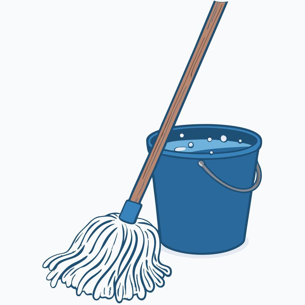 Illustration of a blue bucket with water and white mop for cleaning vector