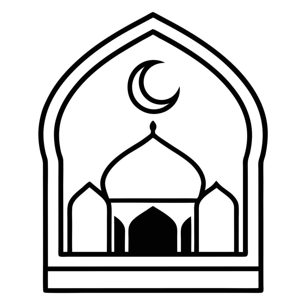 Islamic mosque with crescent moon black and white minimalist line art vector