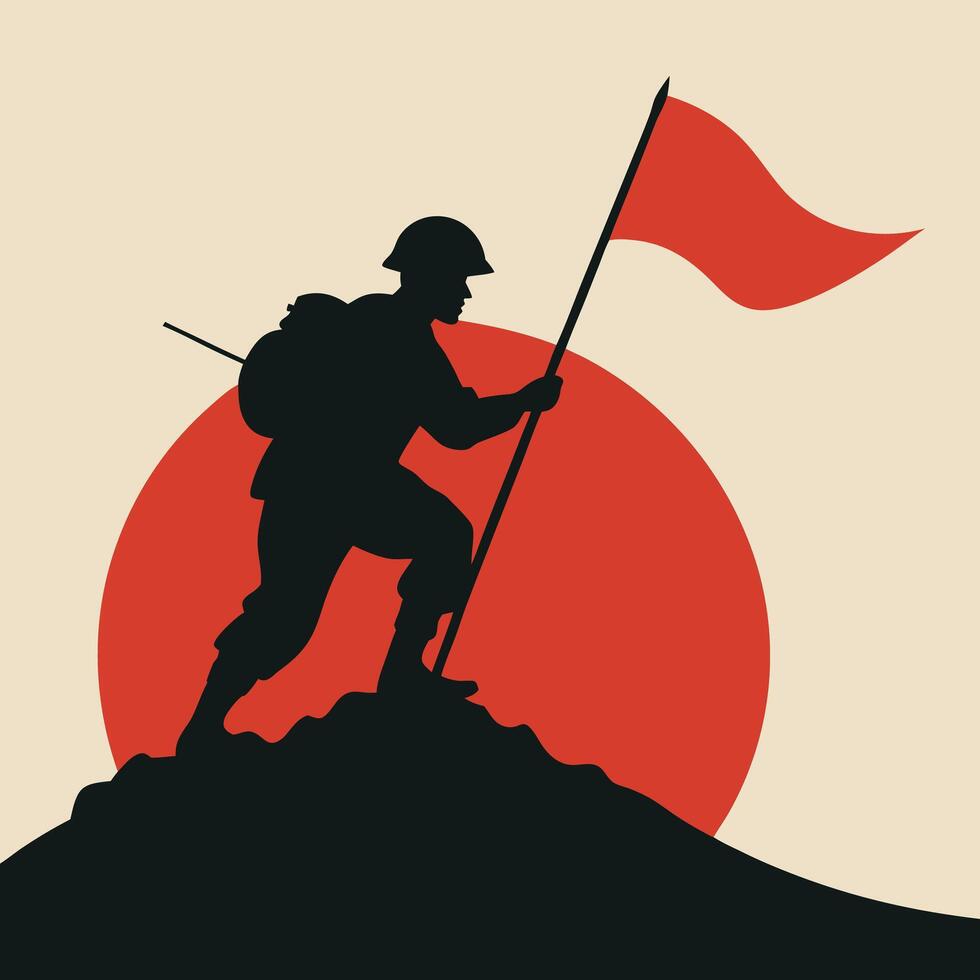 Soldier silhouette raising flag on hill over red sun victory concept vector