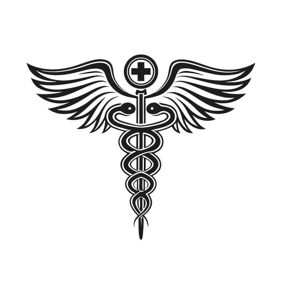 Caduceus medical symbol with wings and snakes in black and white vector
