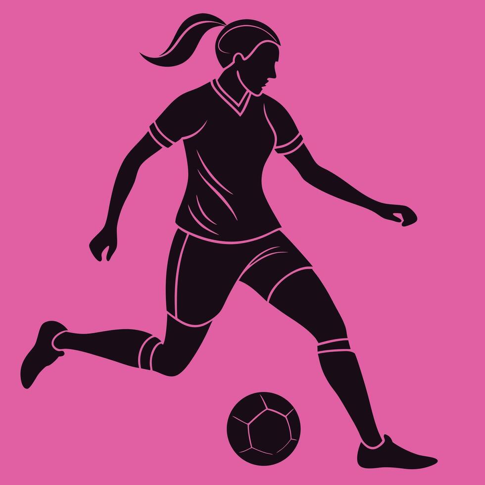 Silhouette of a woman soccer player kicking a ball on pink background vector