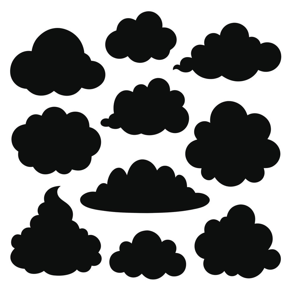 Various black cloud silhouettes against white background in simple art vector
