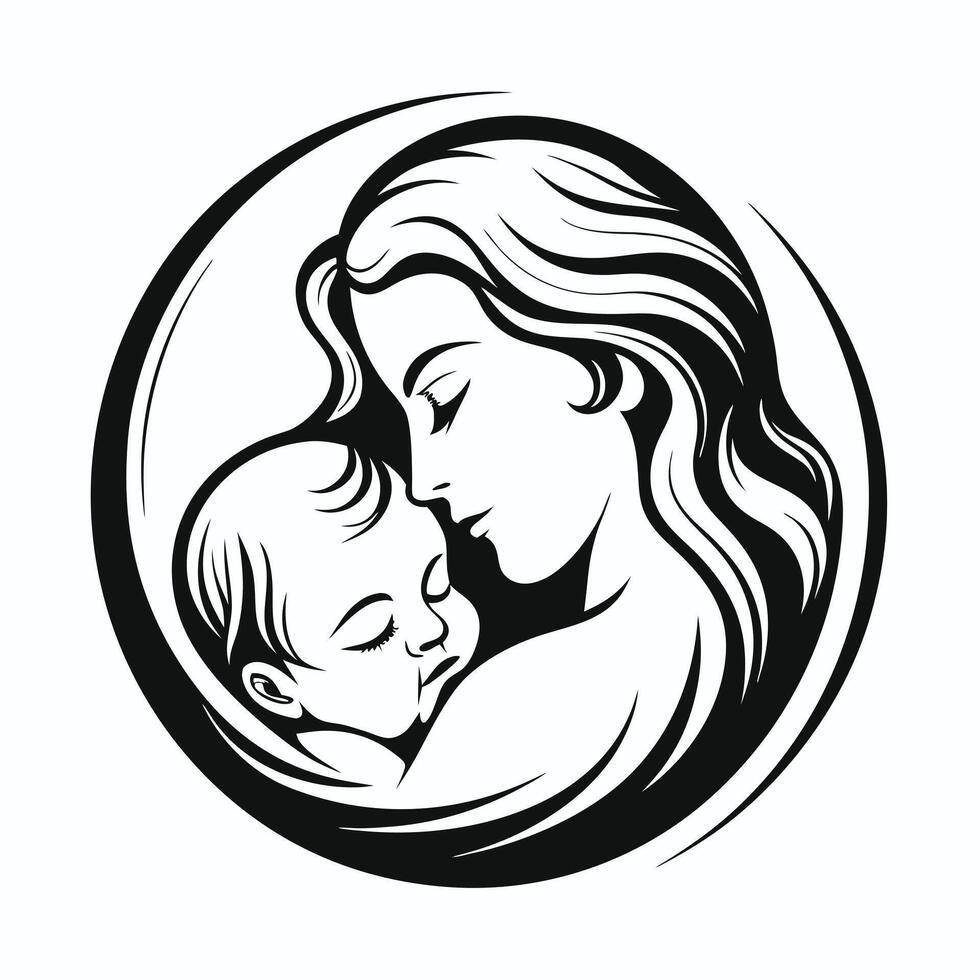 Silhouette of a mother embracing her baby in a circle frame vector