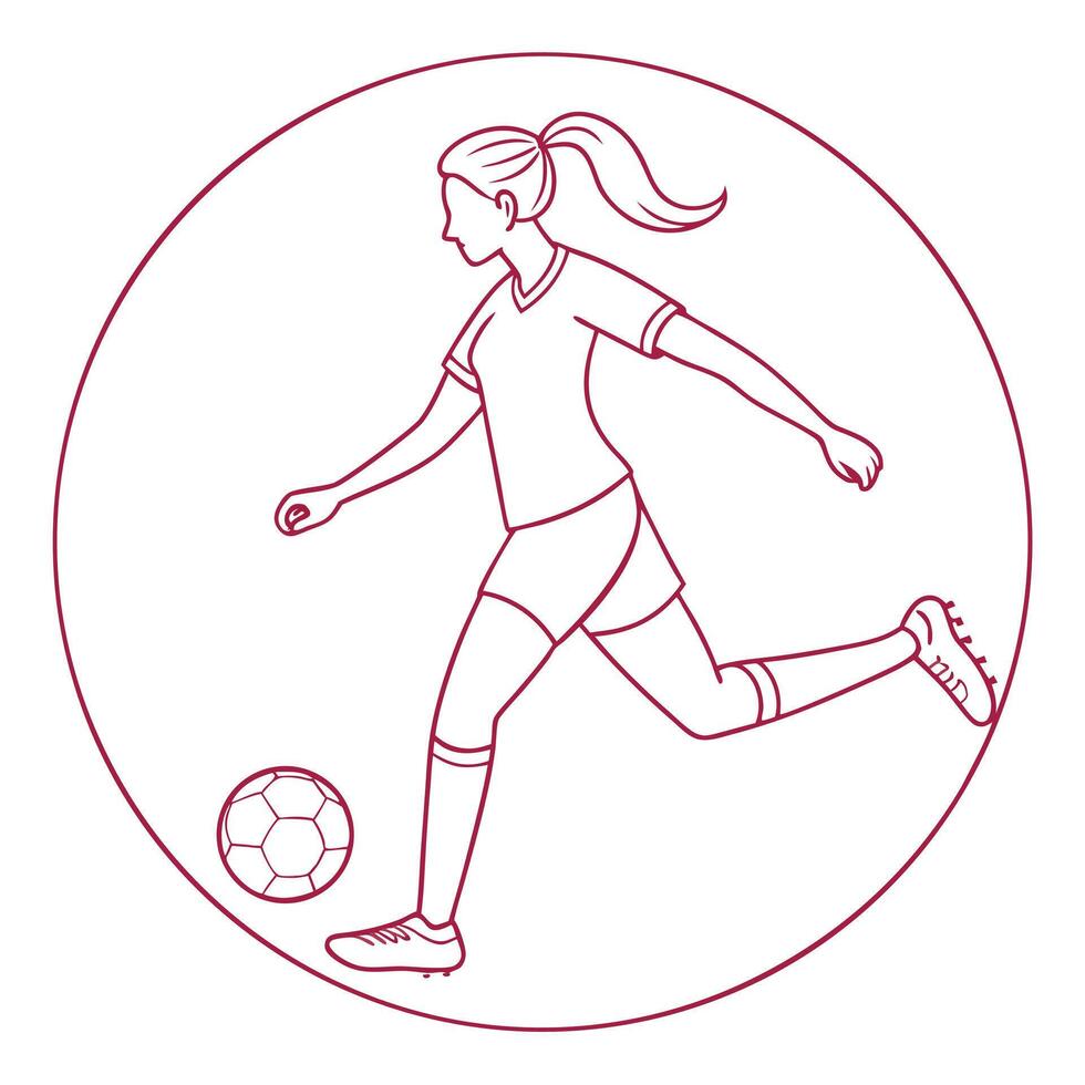 Minimalist illustration of a woman athlete playing soccer outlined in maroon circle vector