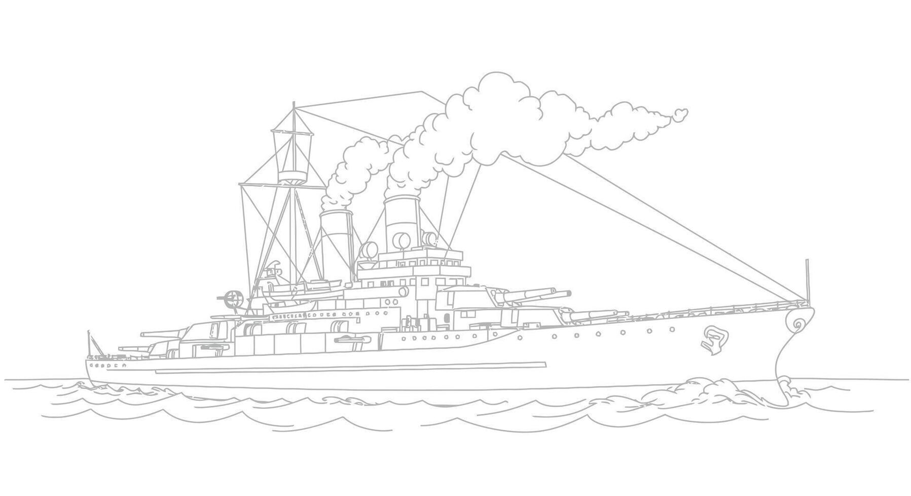 A drawing of a battleship in the ocean vector