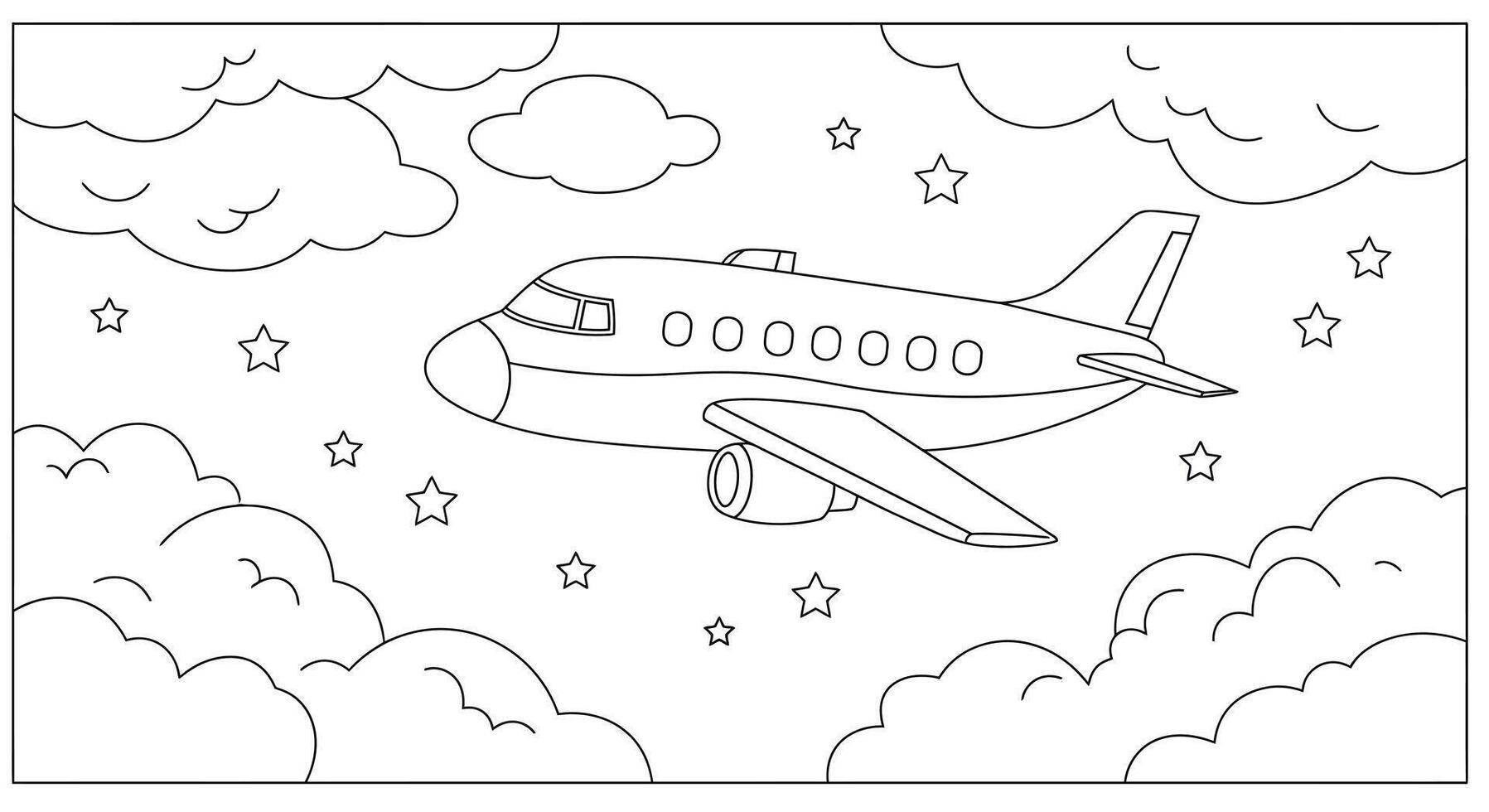 A coloring page with a plane flying in the sky vector