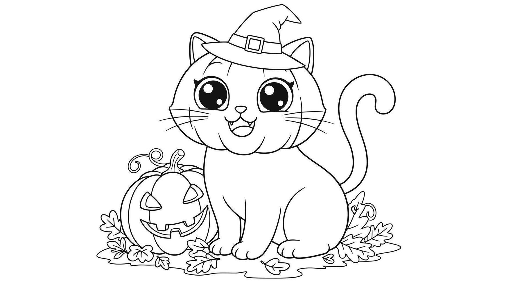 A cat in a witch hat coloring page vector