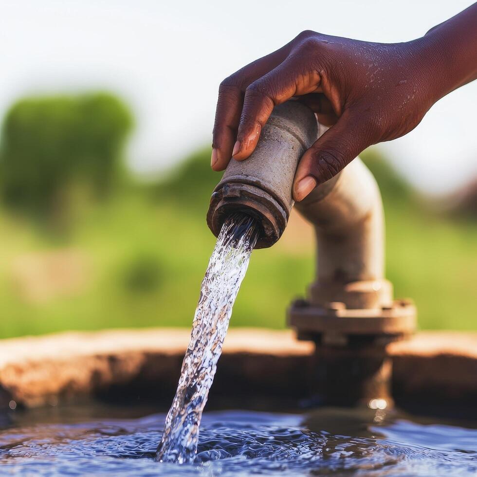 Hand holding a water spout, pouring fresh water into a basin. photo