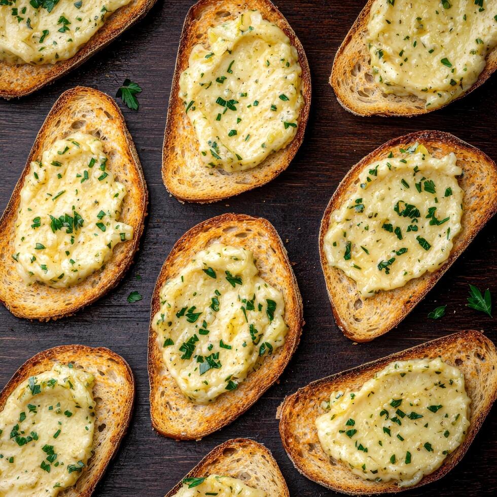 Rustic bread slices topped with creamy herb spread. photo