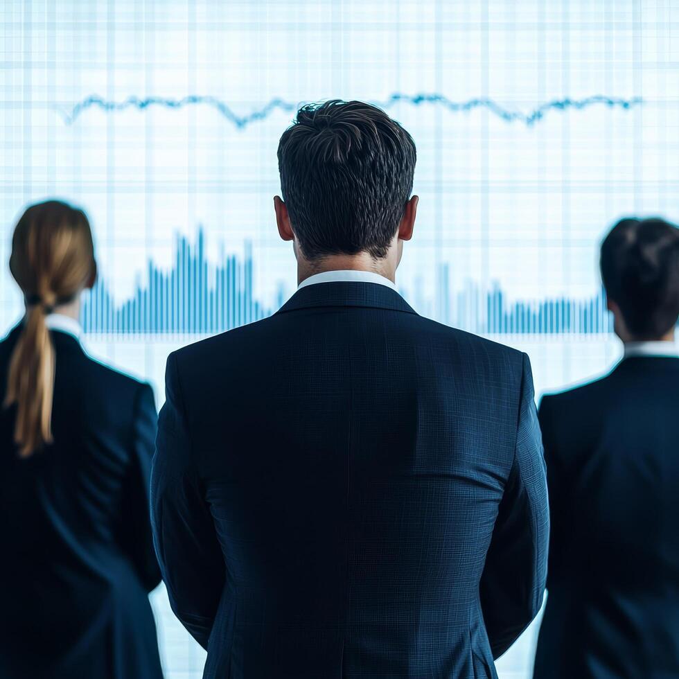 Business professionals analyzing data trends on a digital screen. photo
