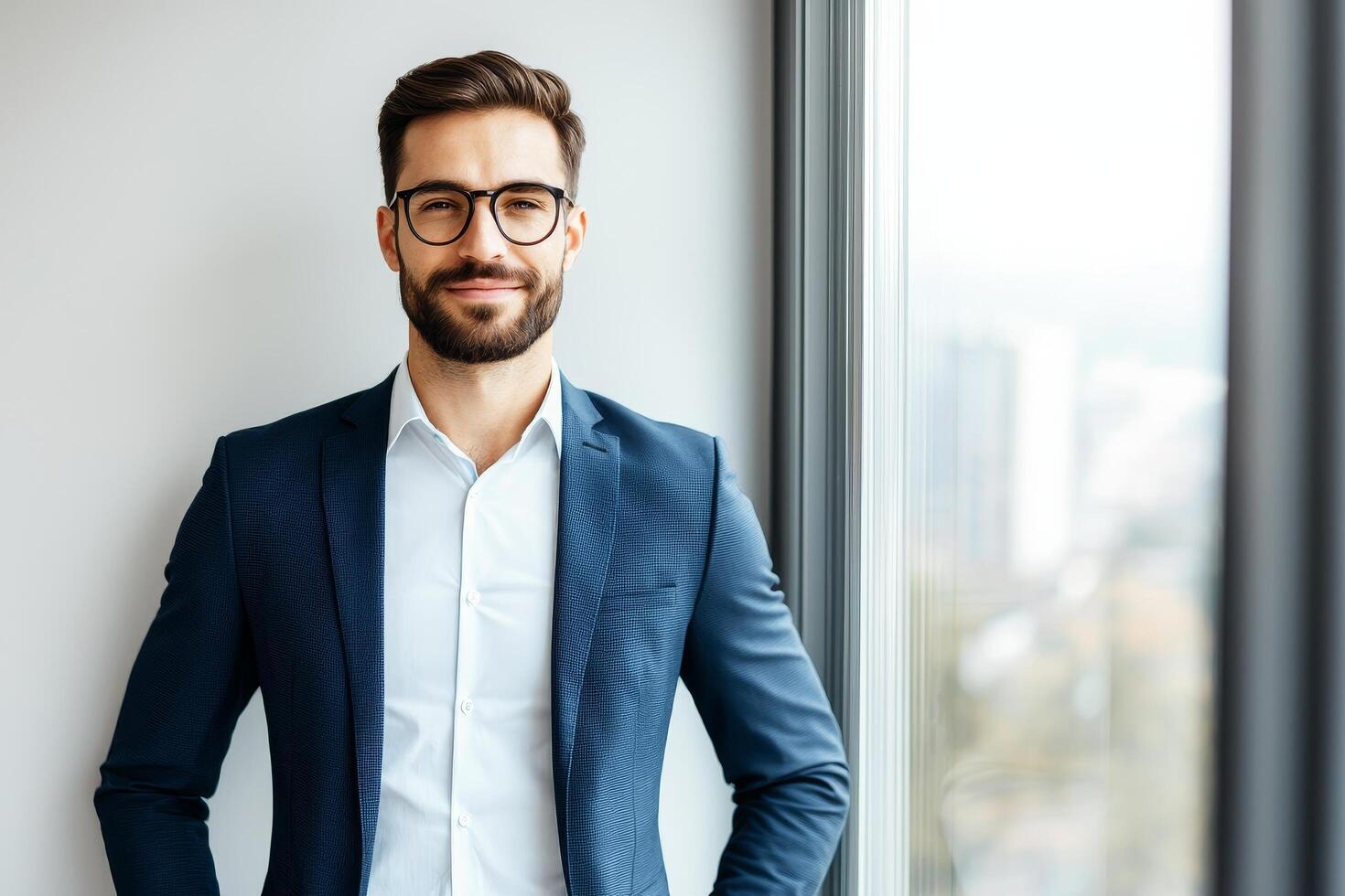 Confident man in a suit posing near a window in a modern office. photo