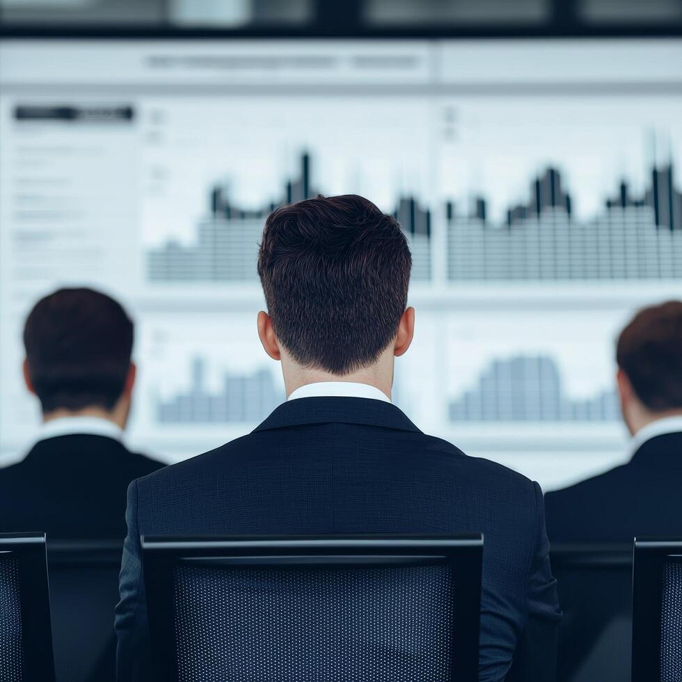 Business professionals analyzing data on large screens. photo