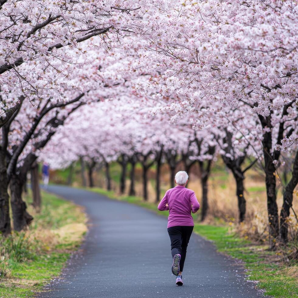 Runner beneath blooming cherry blossoms in a serene park pathway. photo