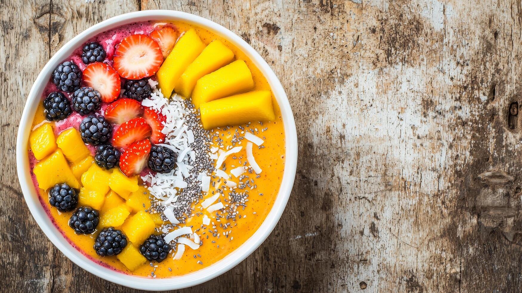 Vibrant smoothie bowl topped with fresh fruits and coconut flakes. photo