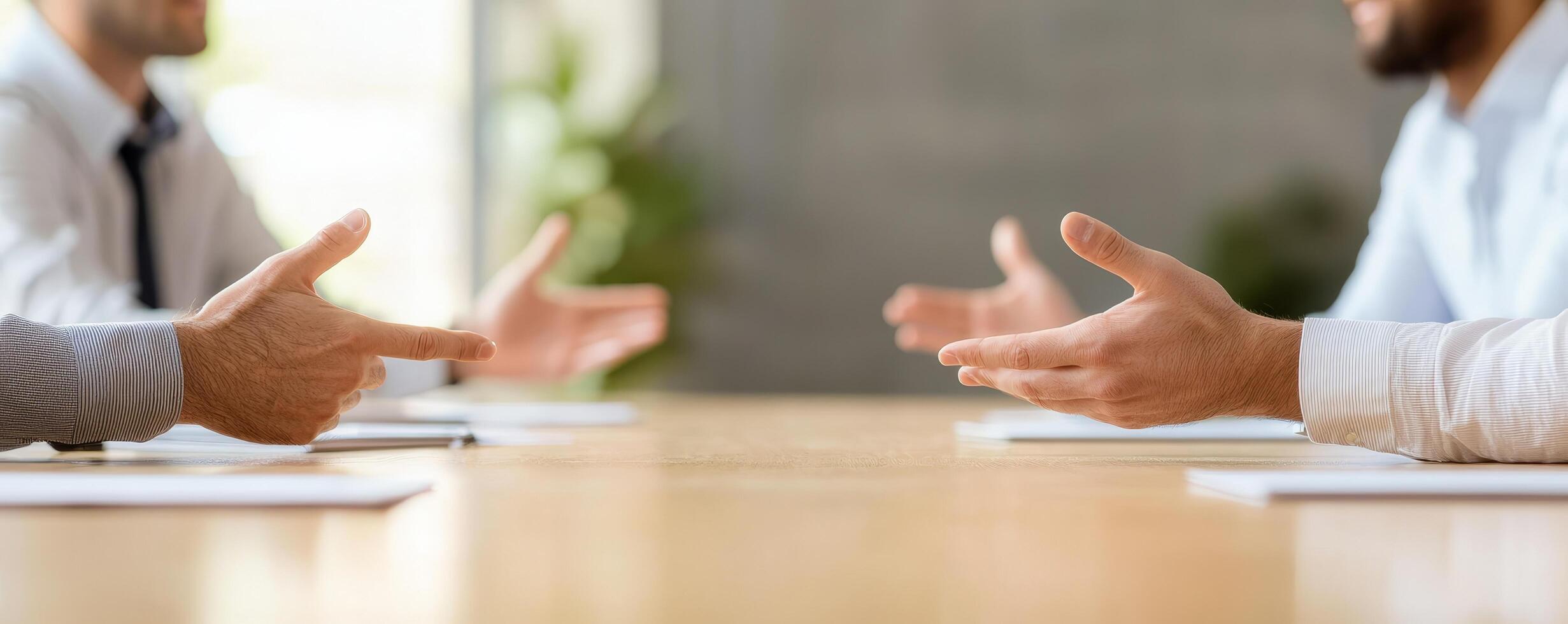 Business meeting with hands gesturing in discussion. photo