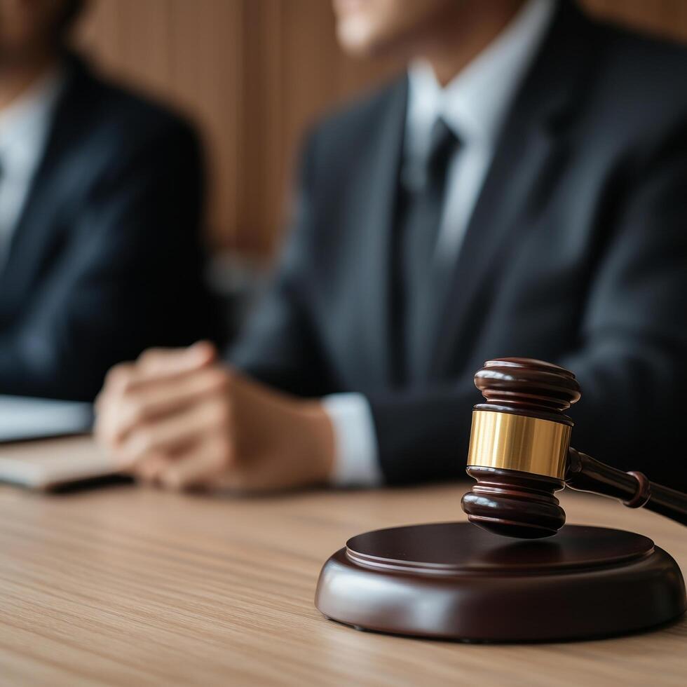 Professional legal setting with a gavel and focused individuals. photo
