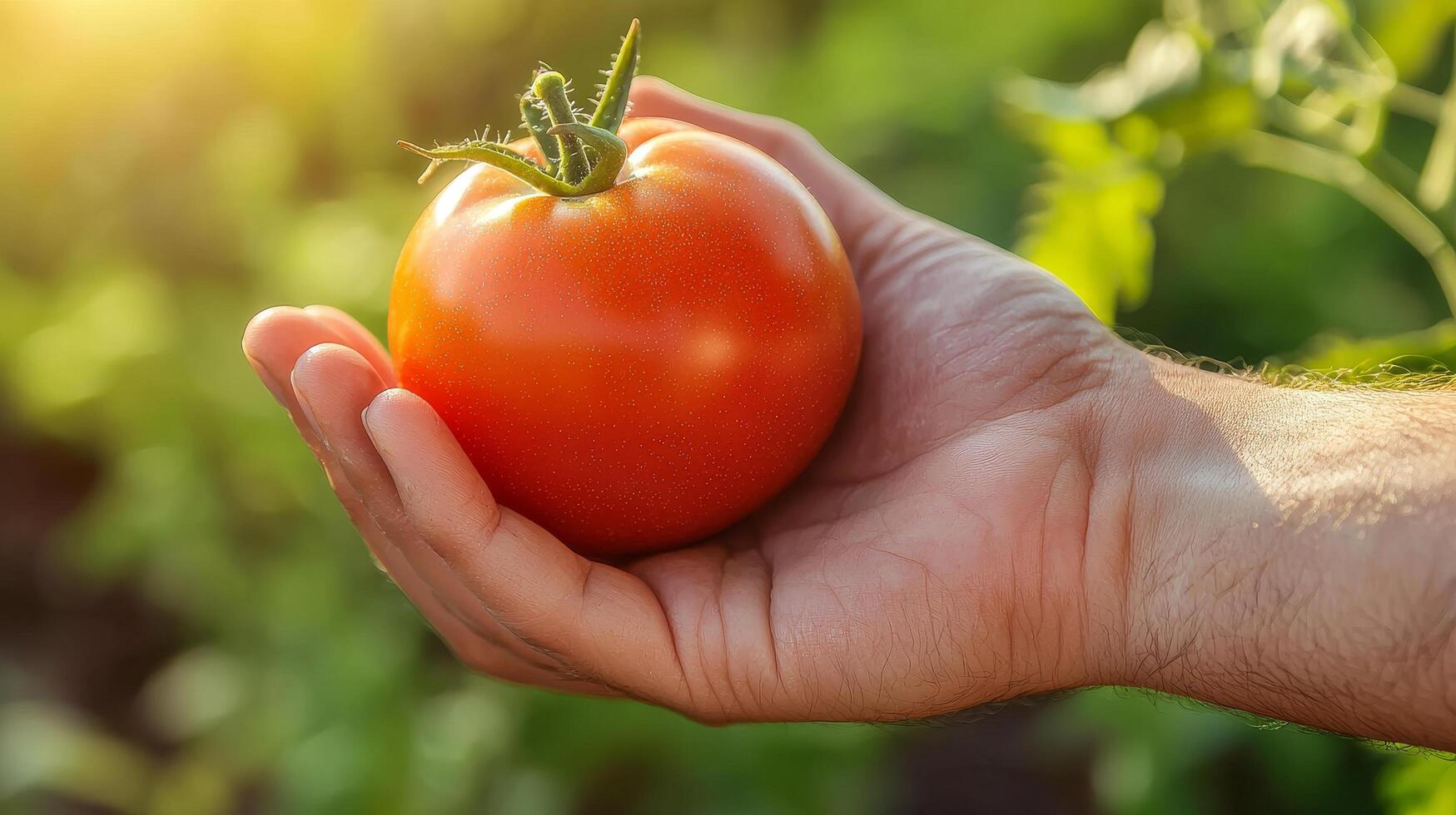 Fresh hand-held tomato in a garden setting. photo