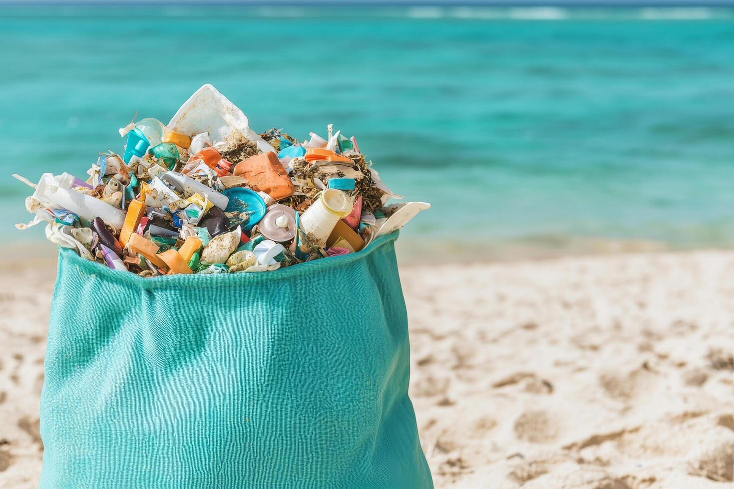 Bag of plastic waste on a beach with turquoise ocean in the background. photo