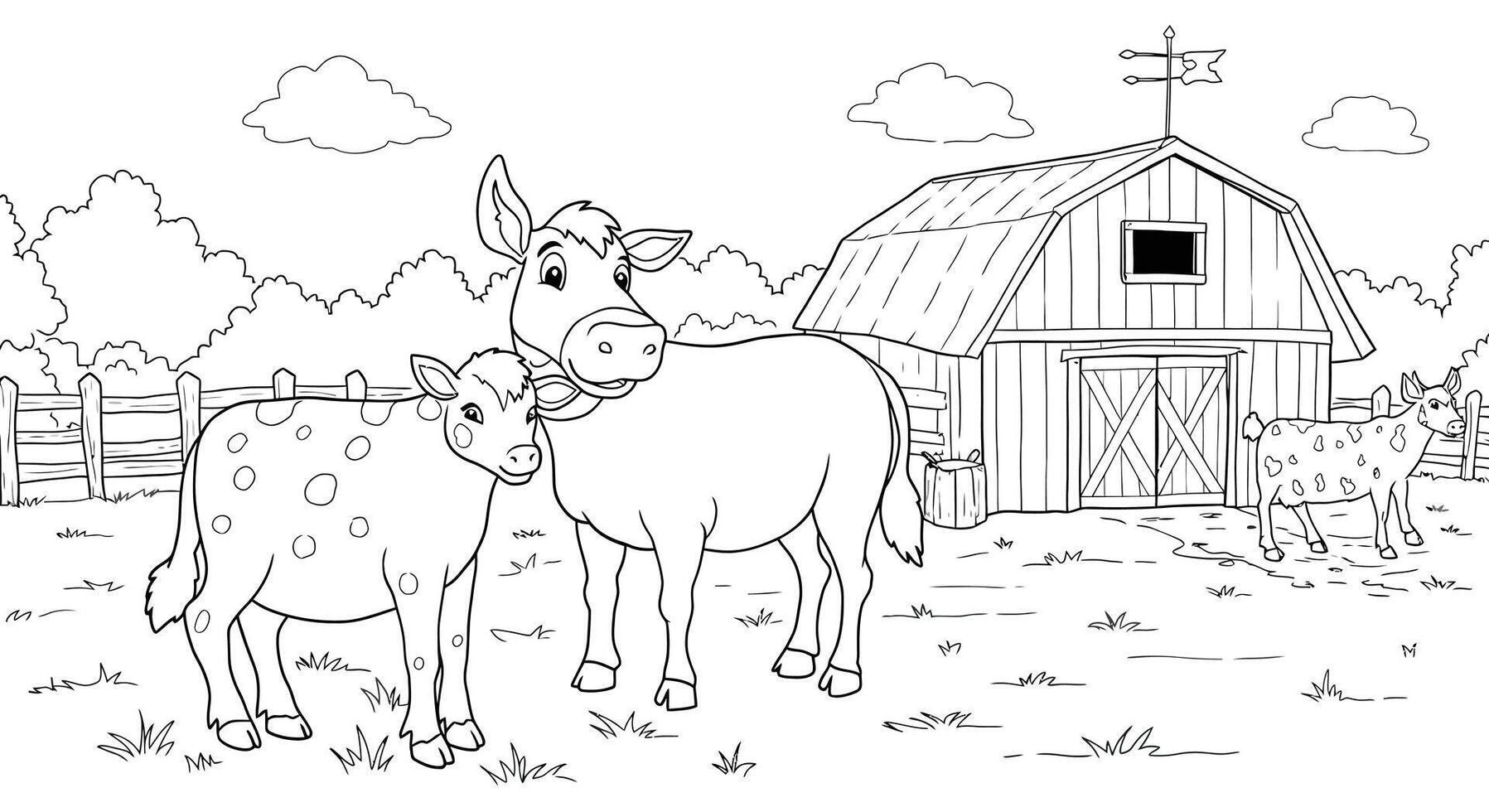 A farm scene with two cows and a barn vector