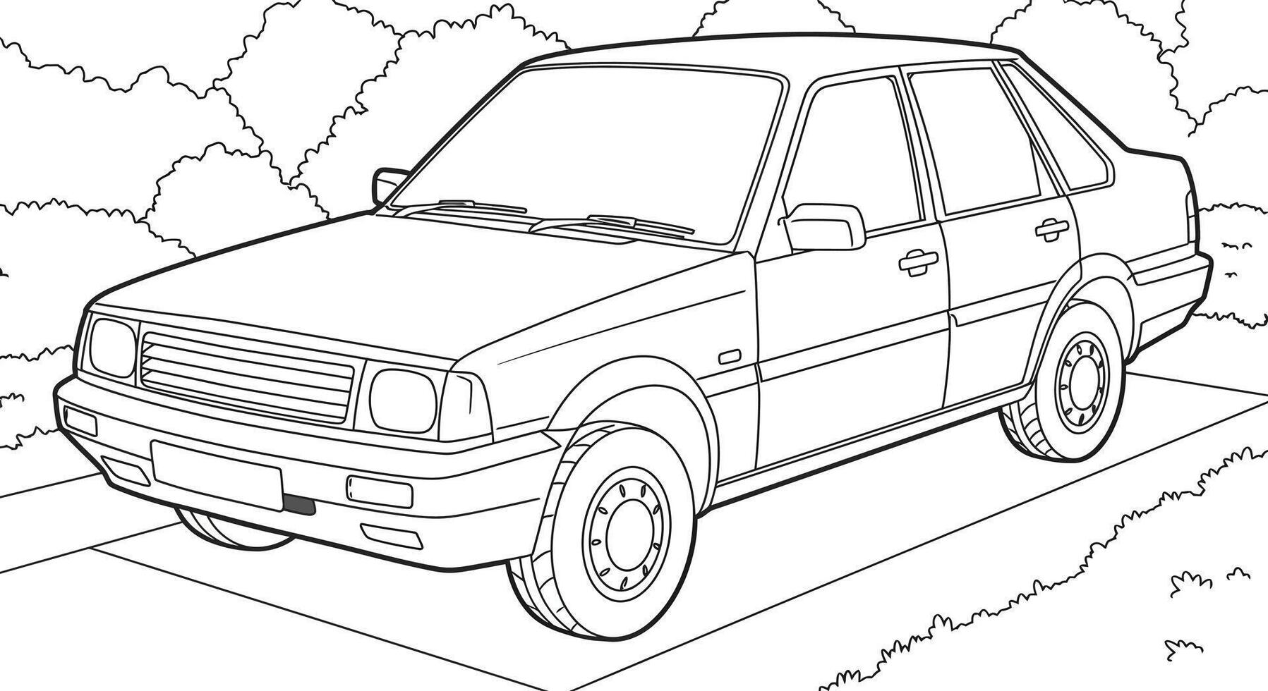 A car coloring page with the car parked on the road vector