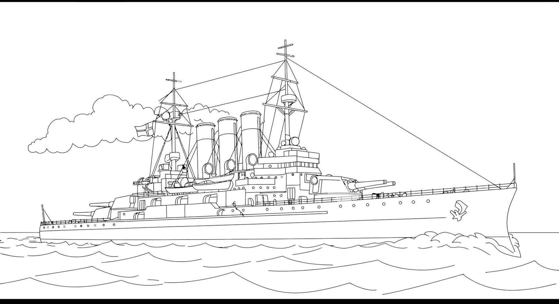 A coloring page of a battleship in the ocean vector