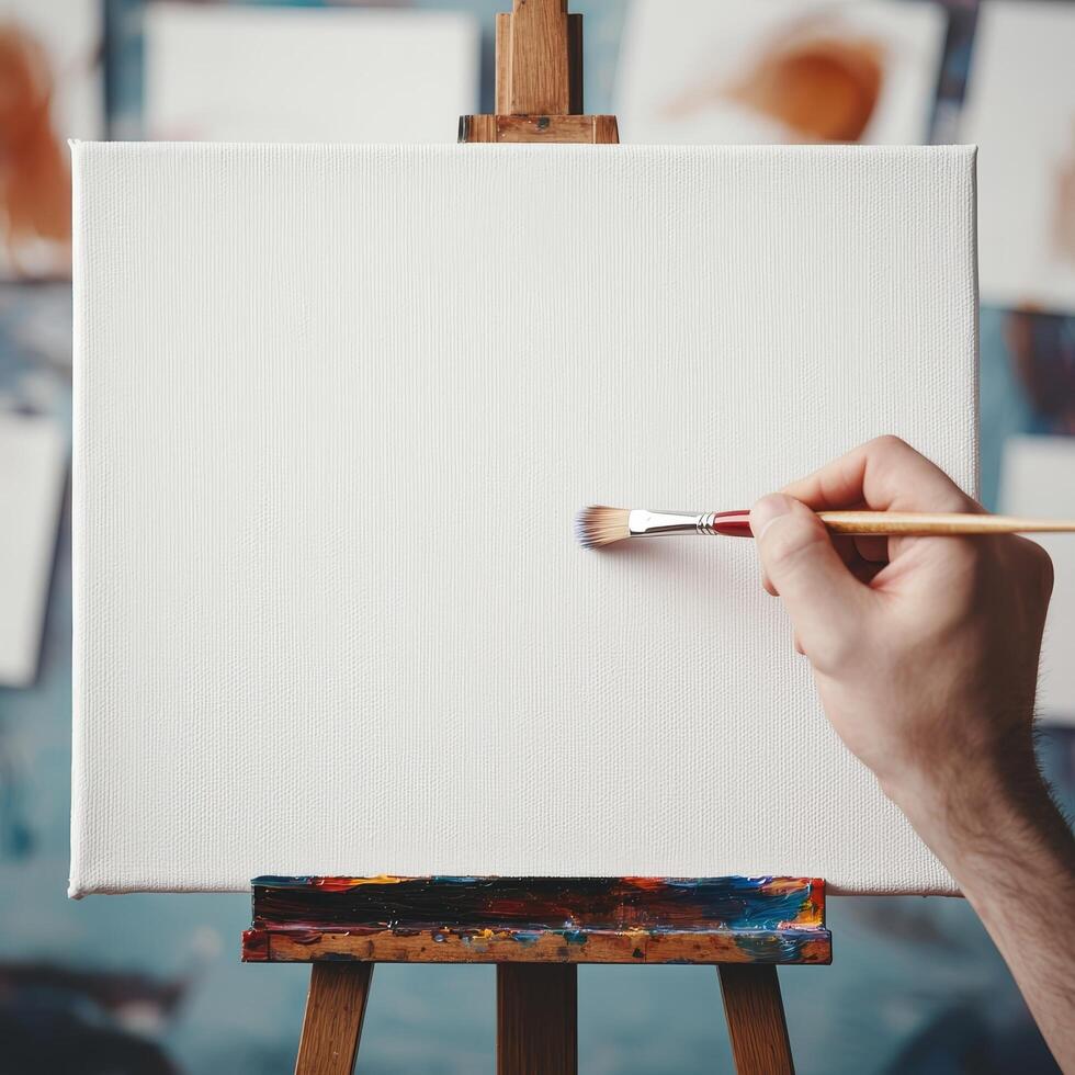 Blank canvas with paintbrush in hand ready for creativity. photo