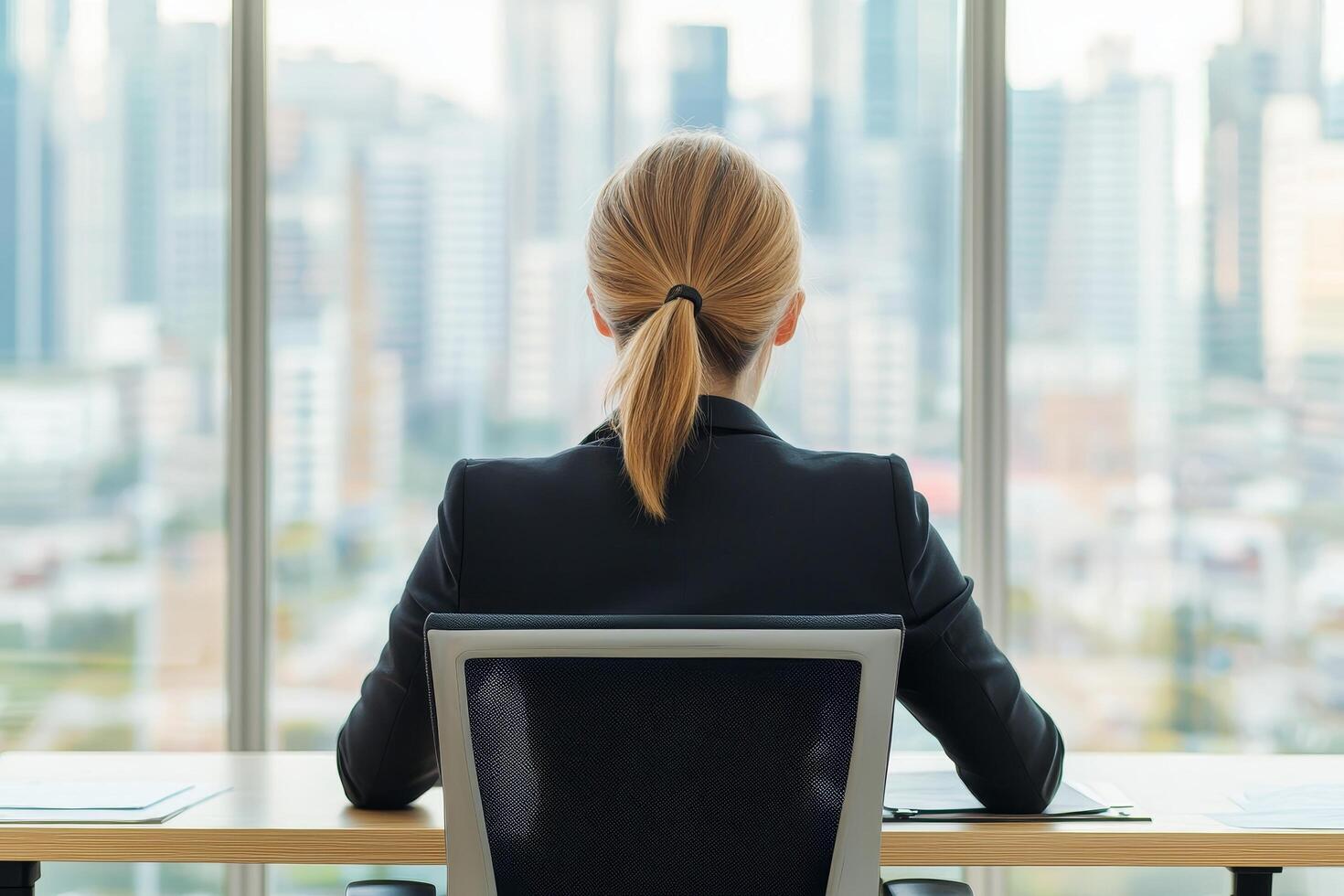 Business professional overlooking a city skyline from an office. photo