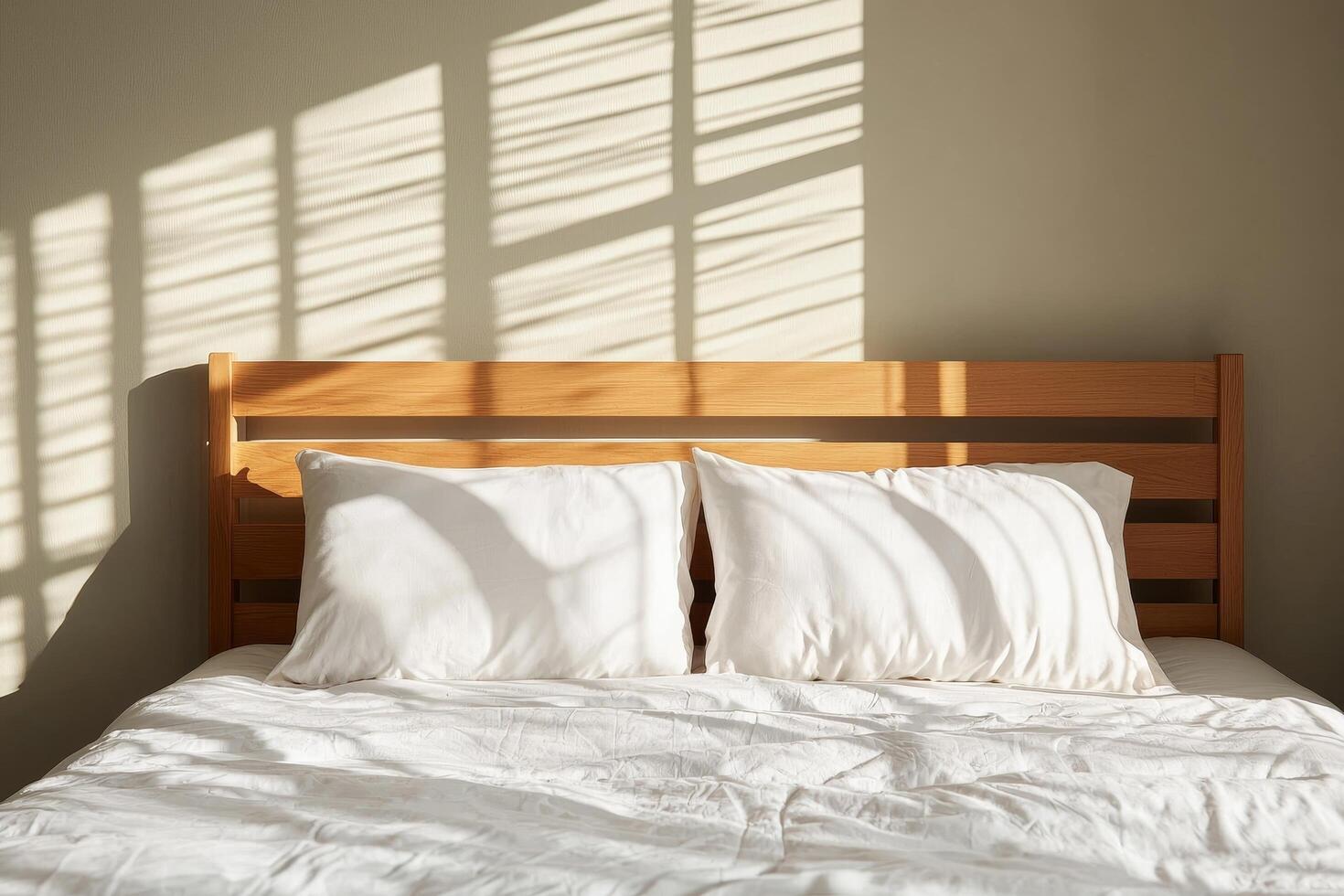 Bright bedroom with natural light and shadow patterns on the bed. photo