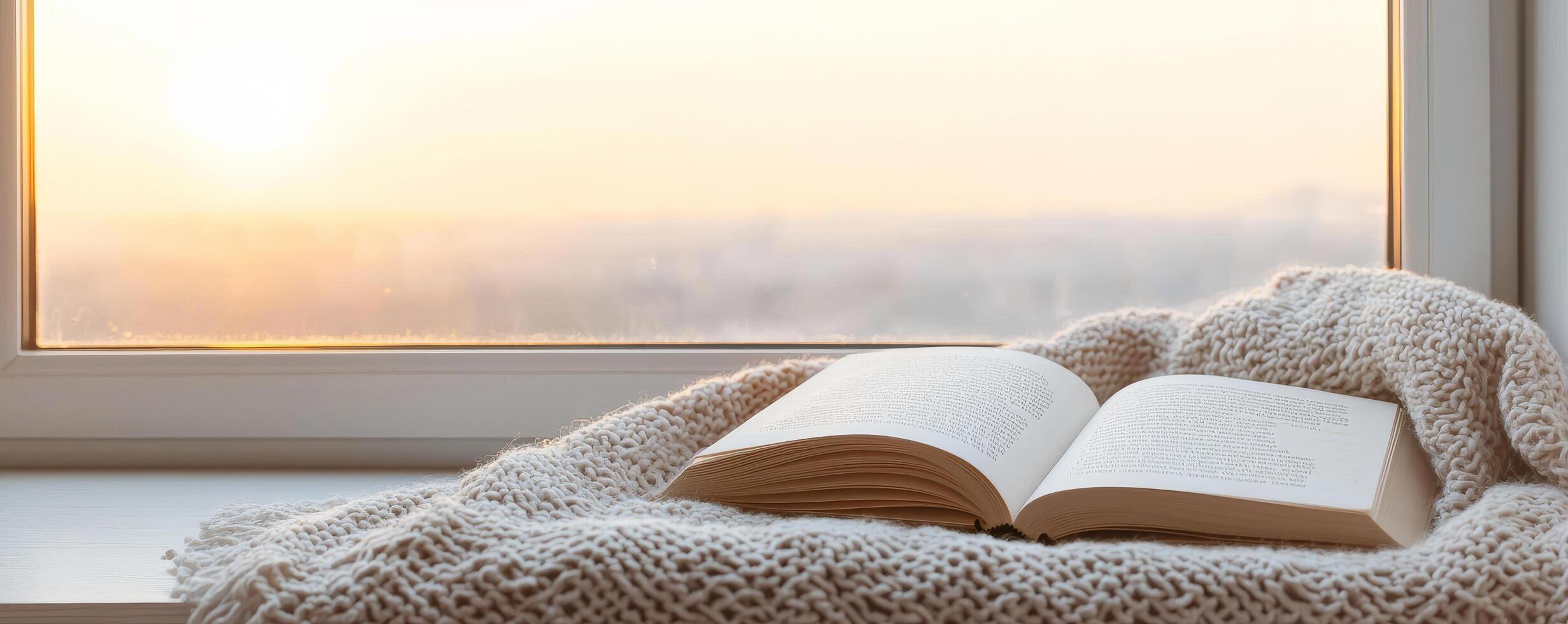 Cozy scene with an open book by the window at sunrise. photo
