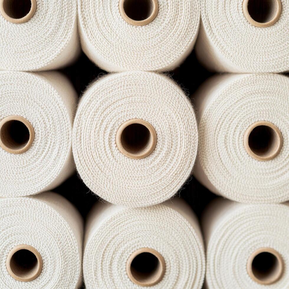 Rolled fabric spools stacked in a neat arrangement. photo