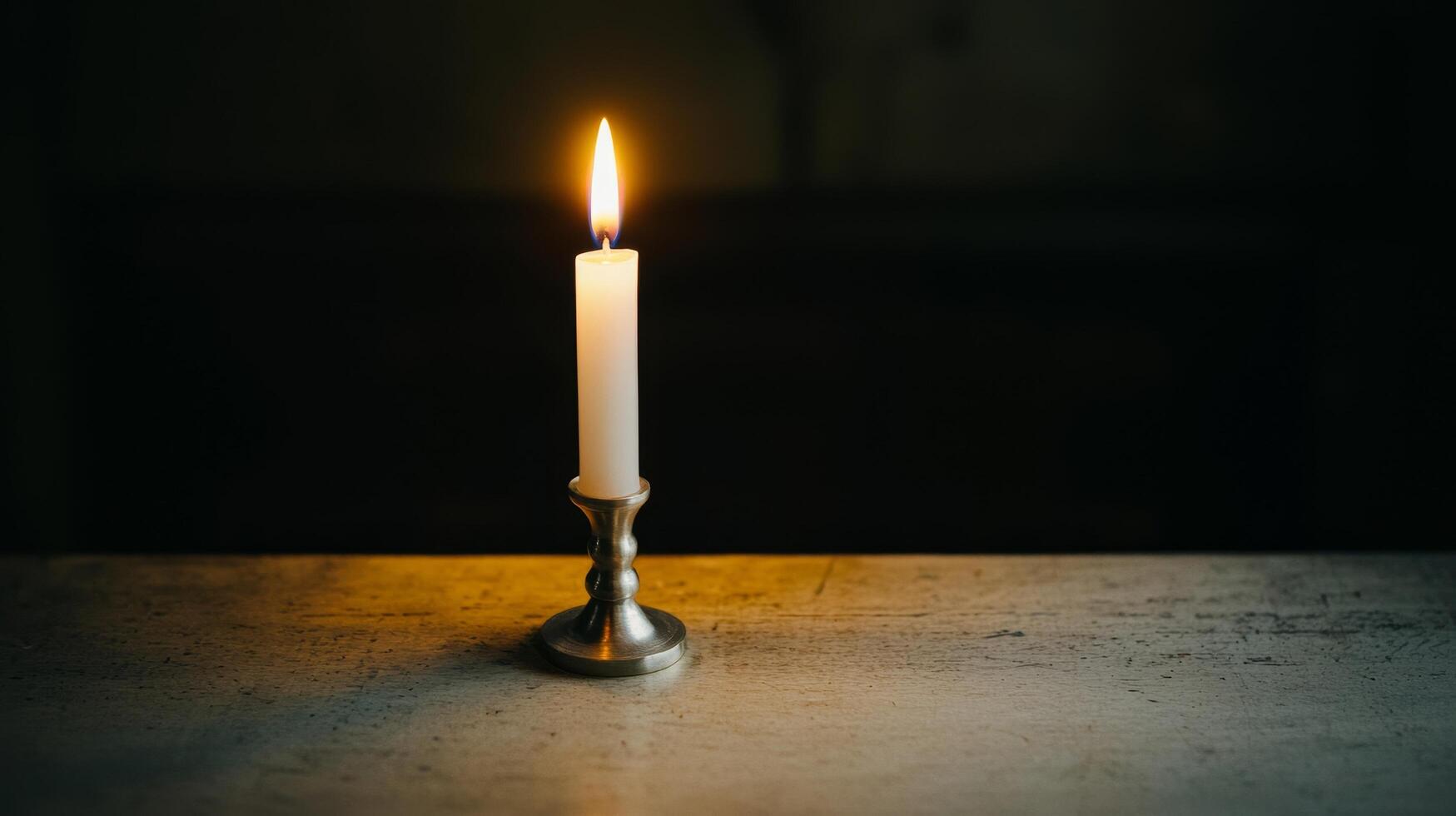 A glowing candle on a rustic table in dim lighting. photo