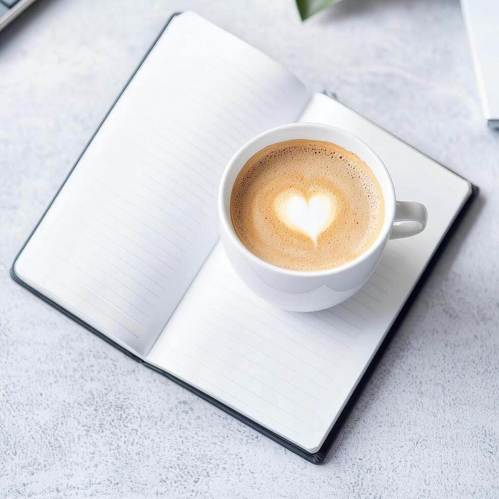 Coffee cup with heart design on an open notebook. photo